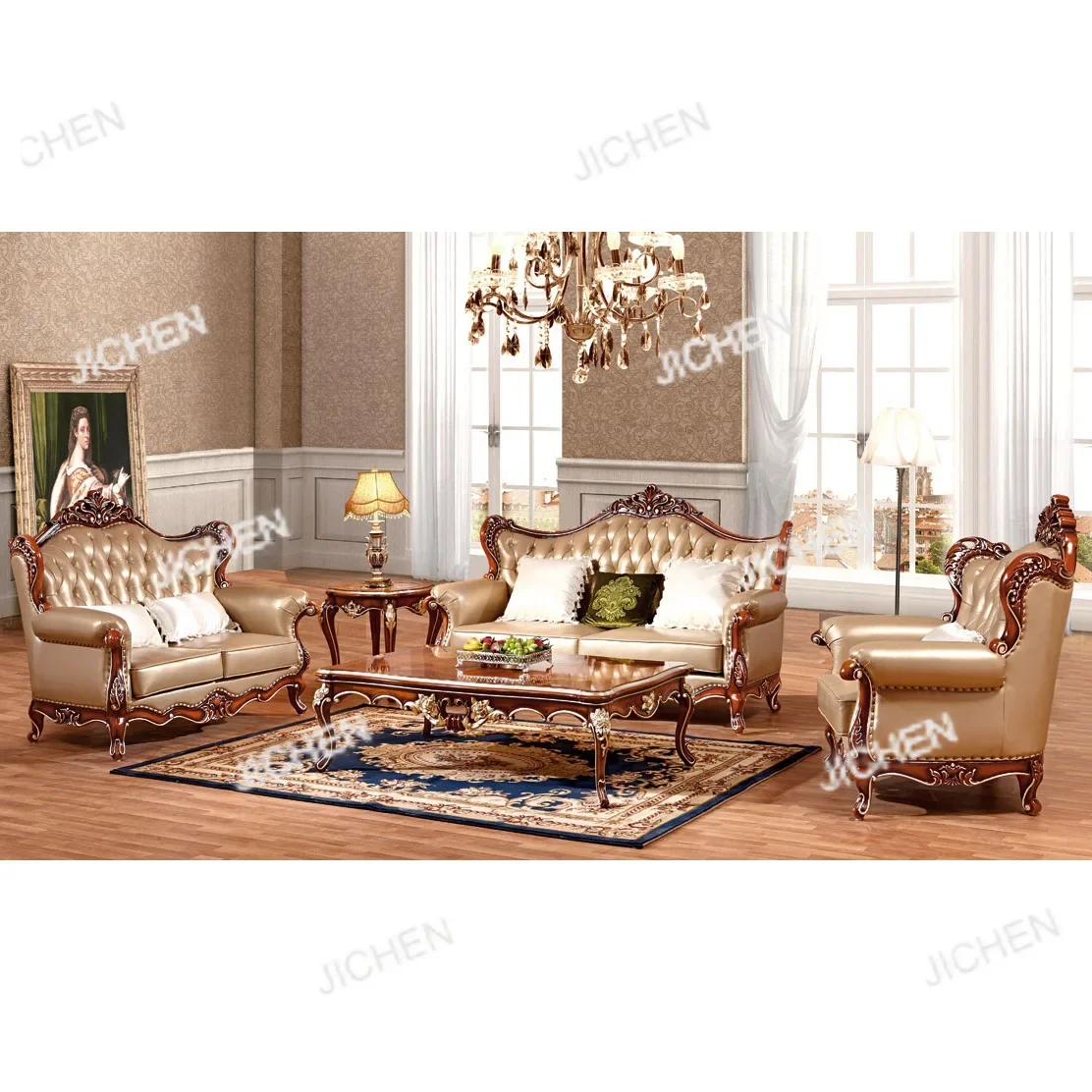 HZ New Solid Wood Sofa Villa Living Room Light Luxury Retro Sofa Combination Double-sided Carved Leather Sofa