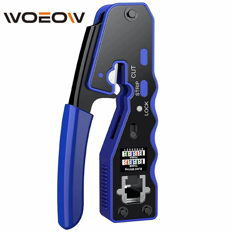 

WoeoW RJ45 Pass Through Crimper Tool, Ethernet Crimper EZ Network Crimping Tool Wire Stripper Cutter for Cat6a Cat5