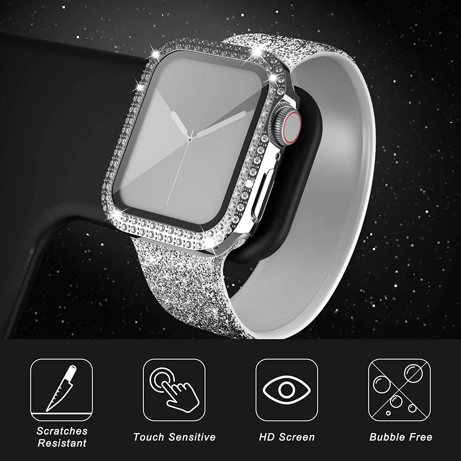 Cubierta de diamante para funda de Apple watch, Protector de pantalla de parachoques de vidrio templado de 45mm, 44mm, 41mm, 40mm, 42mm, 38mm, serie