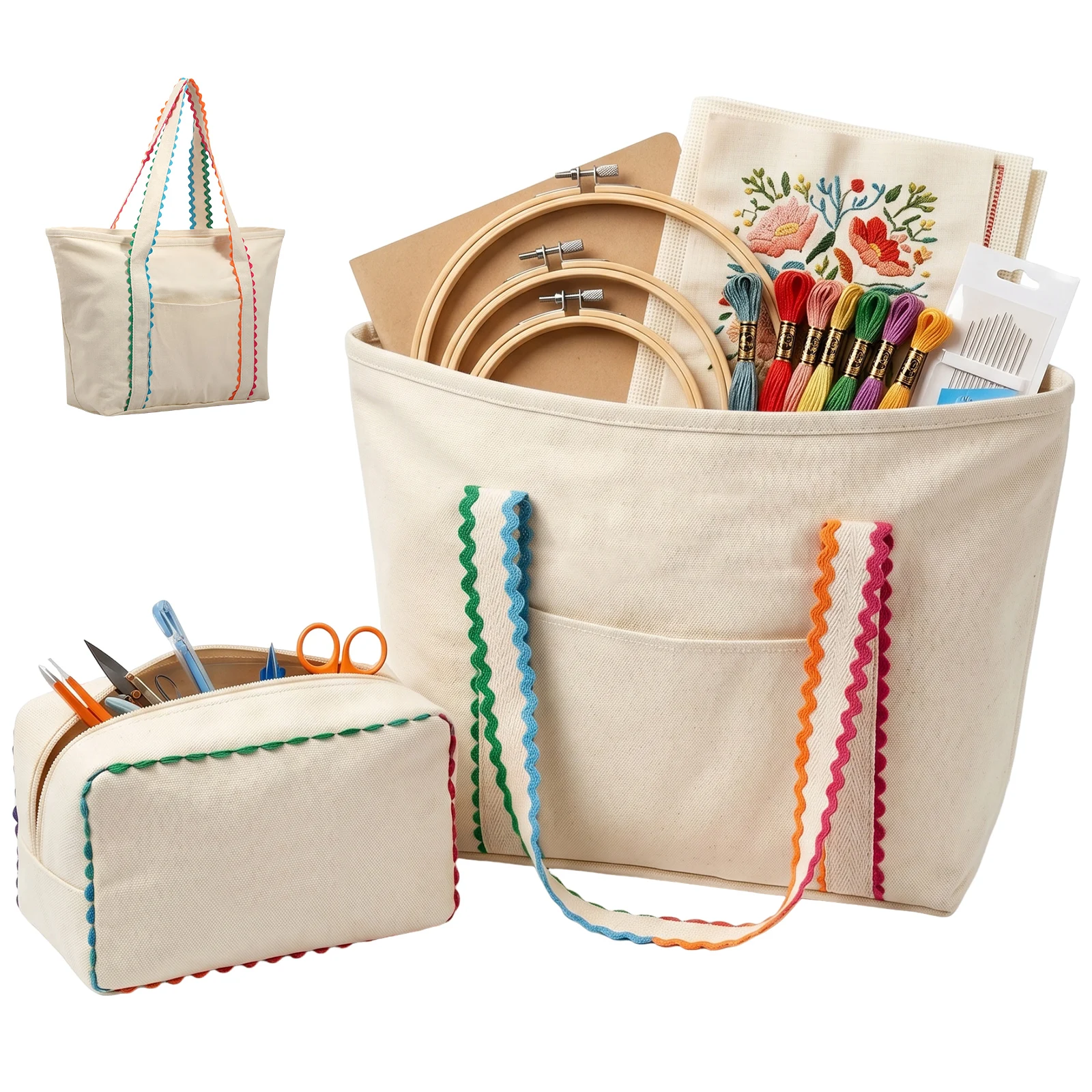 Canvas Tote Bag Commuting Bag Large Embroidered Sewing Craft Storage Organizer Grocery Mommy Shopping Bag for Quilting Cross