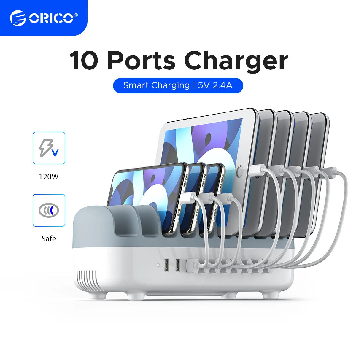 ORICO Desk USB Charging Station 120W 5V 2.4A USB Charger Safety Protection for iPhone Samsung Xiaomi Tablet