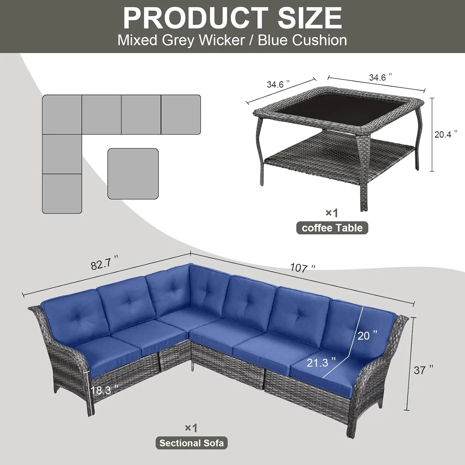 Furniture Sectional Sofa L Shaped Couch - Patio Wicker Furniture Set w/ Coffee Table, 3 Piece Rattan Patio Sets w/ Blue Cushion