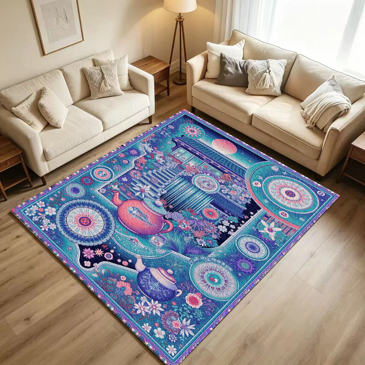 Fantasy Teapot Cosmic Floral Carpet Flooring Psychedelic Art Printed Floor Rug for Household Indoor Room Home Ornament