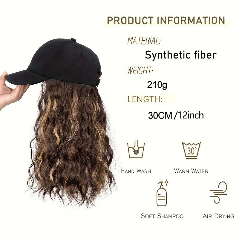 12Inch Synthetic Long Wavy Curly Baseball Cap Wig Adjustable Heat-Resistant Fibers Wig for Women Daily Use