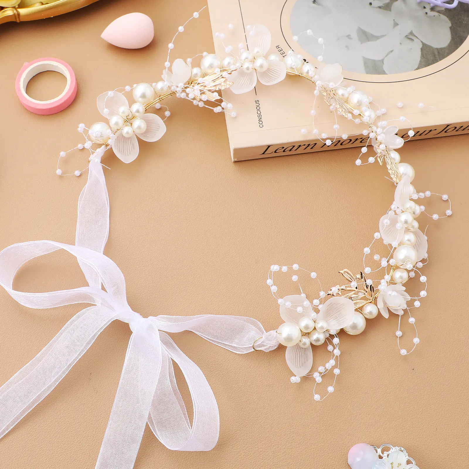 

Pearl Headband Flower Pearl Headband Fairy Hairband Wedding Hair Vine Ribbon Hair Bands Bride Headpiece Floral Accessory
