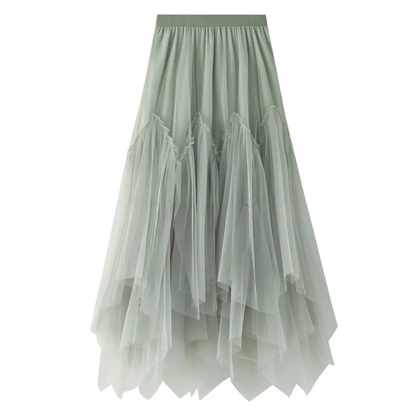 

2025 Spring New Mid-length Solid Color A-line Puff Skirt Women Irregular Mesh Layers Cute Party Skirts 2J113