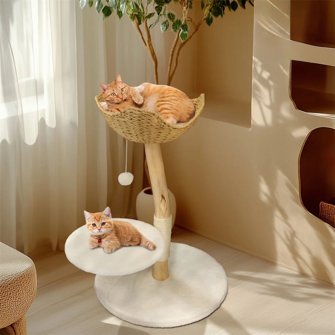 Modern Solid Wood Cat Tree Kitten Scratching Tree Activity Tower Center with Rest Dangling Toy Ball Sisal Scratching Post