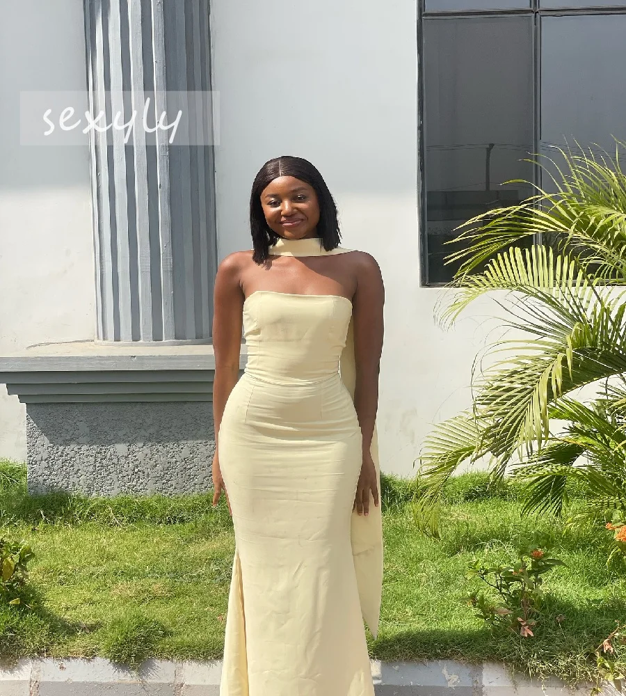 Minimalistisches gelbes afrikanisches Ballkleid 2025, trägerloses Meerjungfrau-Abendkleid für schwarze Mädchen, bezaubernder Urlaub, Maxi-Party, individuell gestaltet