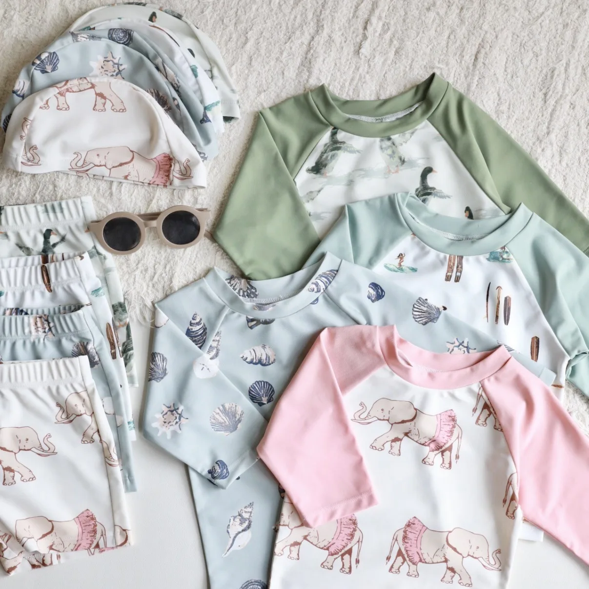Boys' Swimsuit 2026 Summer New Cute Long Sleeved Sunscreen Split Swimsuit Quick Drying Men's And Women's Baby Beach Wear Hat