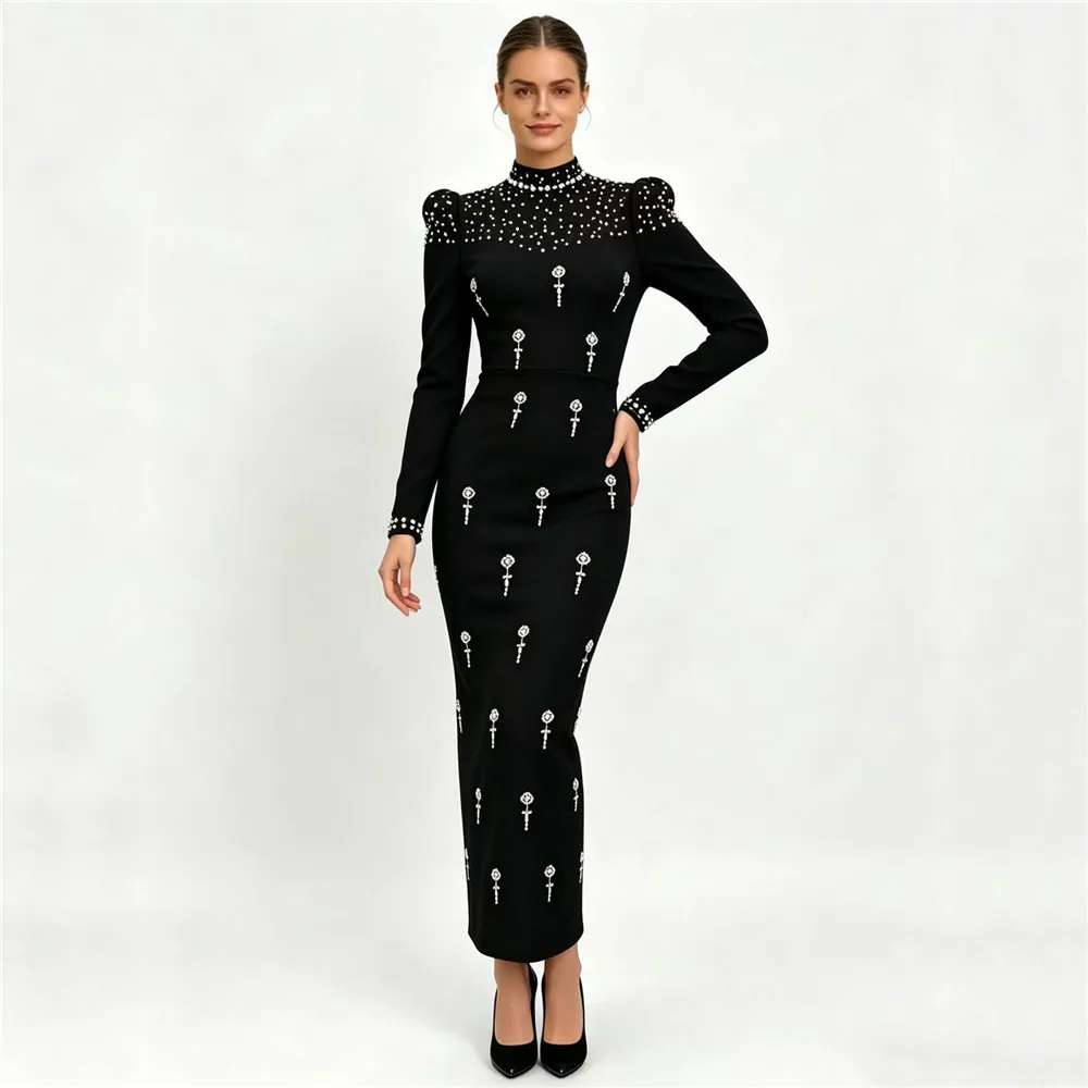 Women High Quality Beading Diamond Puff Sleeve Bandage Dress Evening Party Elegant Dresses