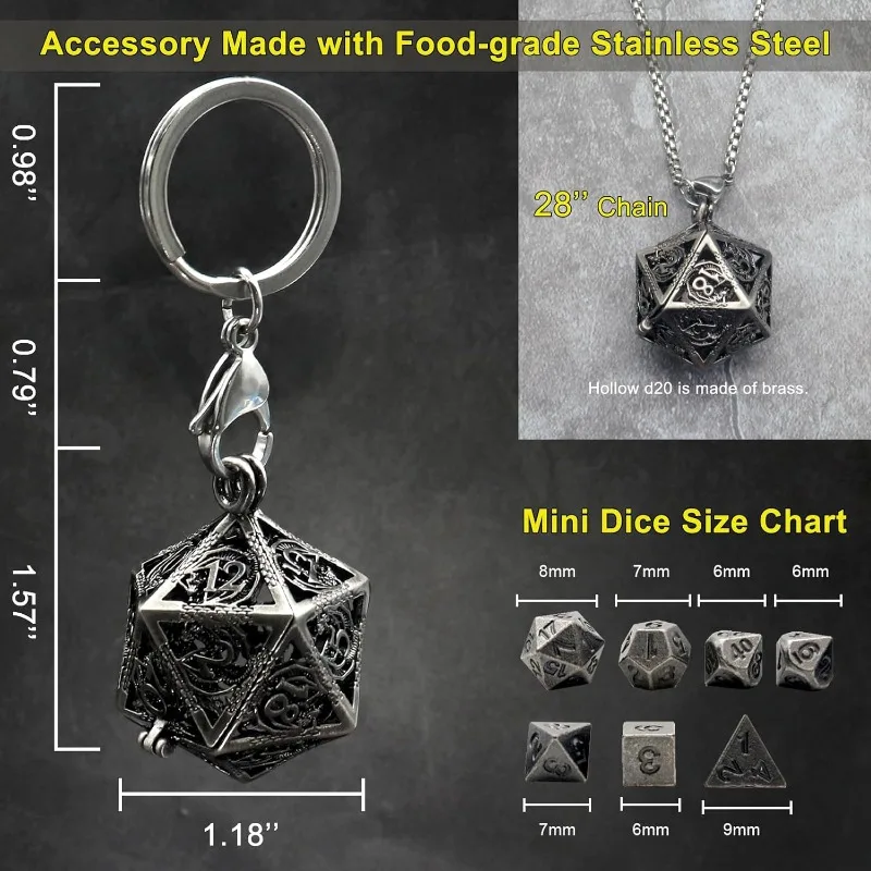 Mini jeu de dés du MDN en métal avec porte-clés D & D, creux en fer antique, étui à dés pour collier D20, petit ensemble de dés en métal antique, portable, 1 ensemble