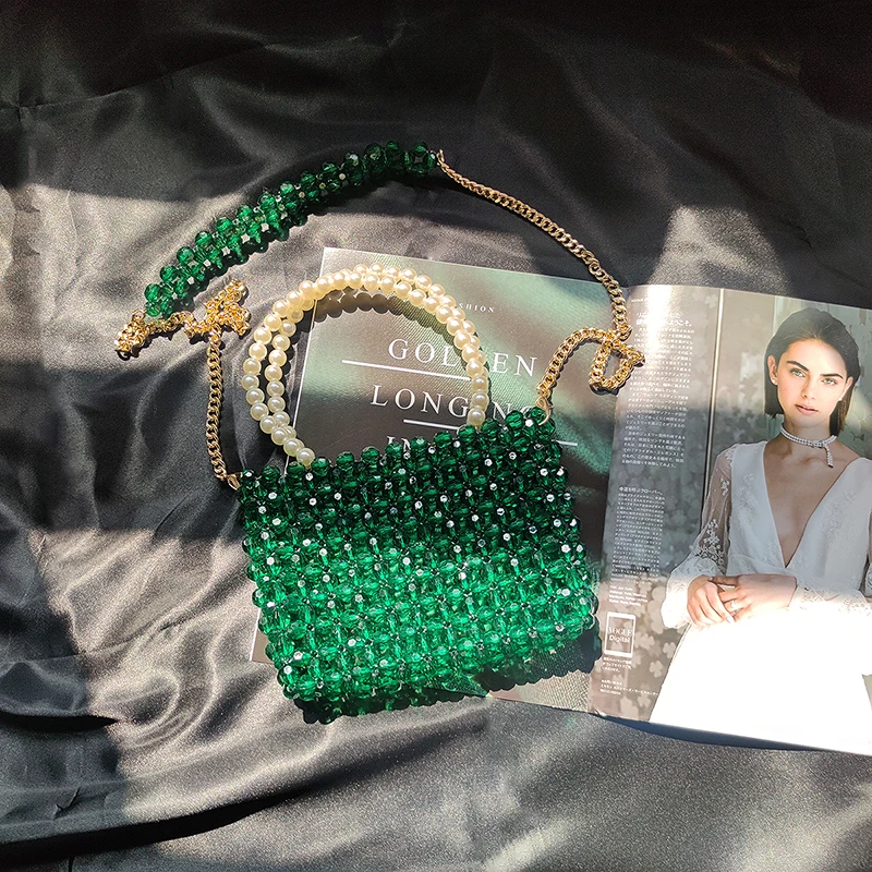 

Beaded Unique Retro Transparent Green Handbag Hand Woven Dinner Bags for Women Sac A Main Femme Party Pearl Hand Chain Purses