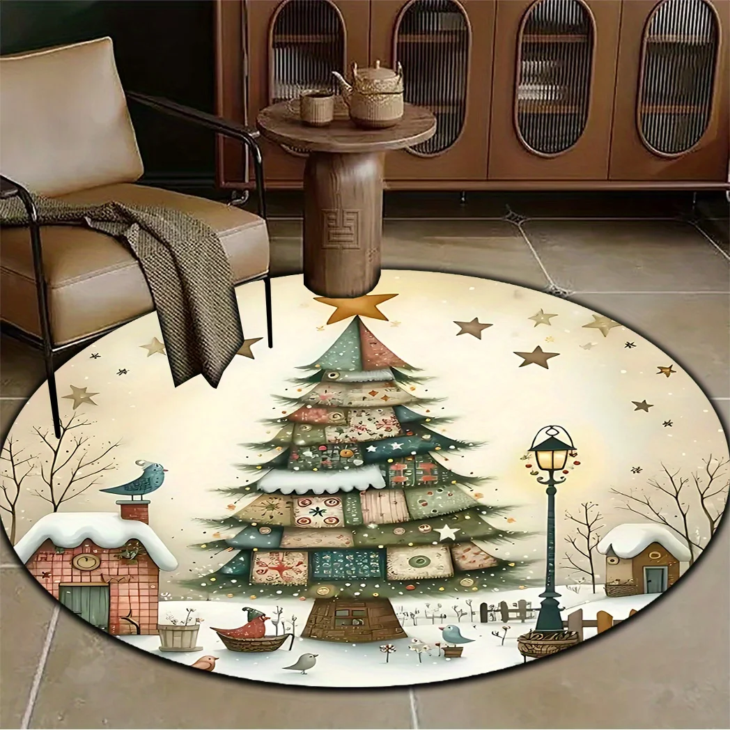 Vintage Winter Snow Scene Circular Area Rug  Xmas Snowman Red Plaid Scarf Anti Slip Round Rug for Festive Bedroom Entryway