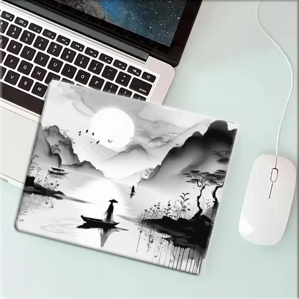 Black White Ink Warrior Boat Full Moon Mountain Chinese Landscape small mousepad22*18/25*29cm Nootbook Game Rug  40*45 Art Decor