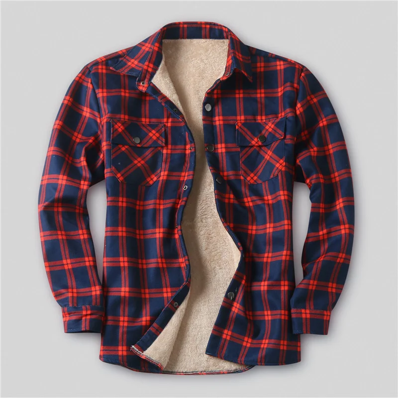 Winter Mens Plaid Flannel Shirts Thick Fleece Jacket Quilted Lined Long Sleeve Red Checkered Shirt For Man Camisas De Hombre