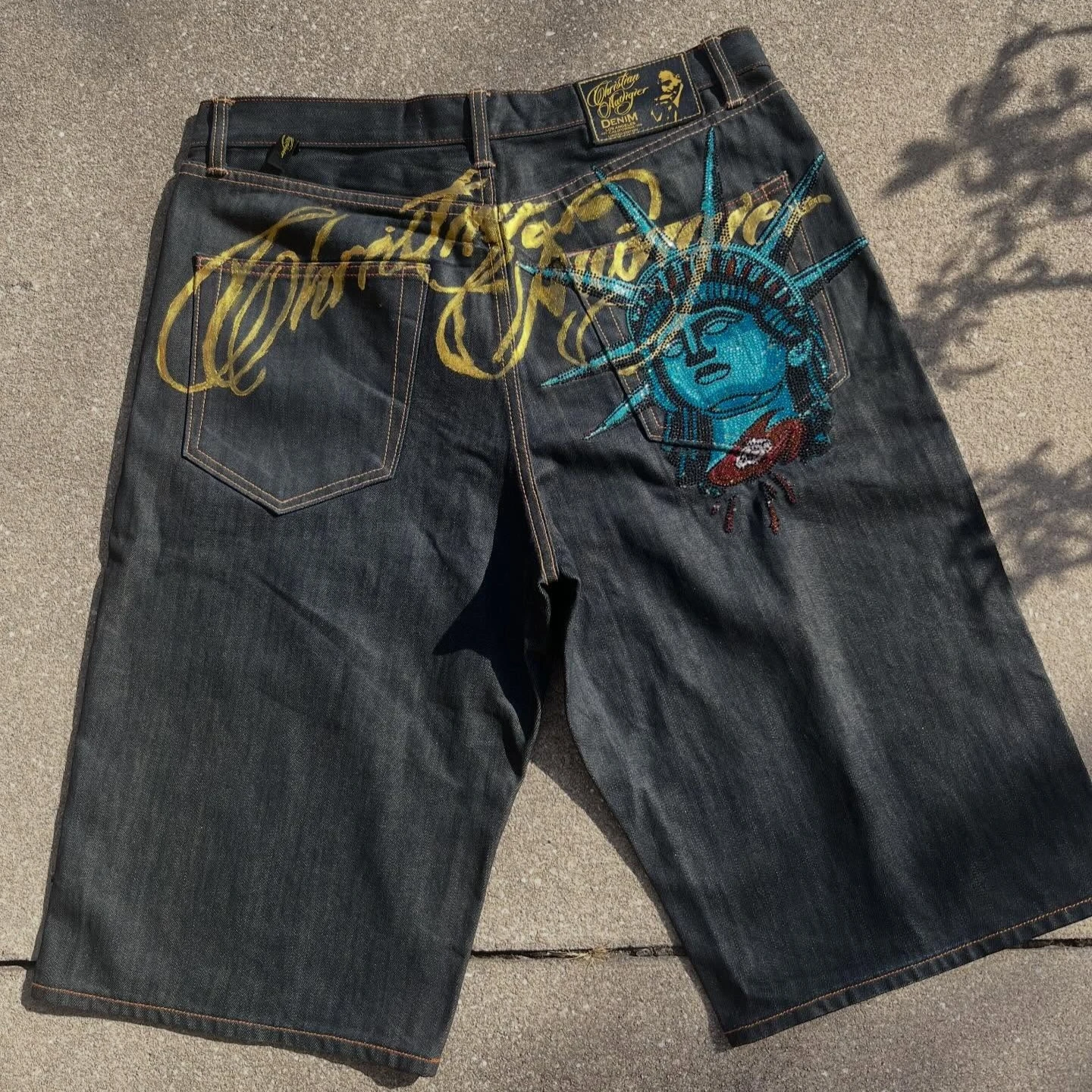 Vintage Statue Liberty Sequin Rhinestone Denim Short Jeans Women Loose Retro 2000s Streetwear Denim Fitness Y2k Casual Shorts
