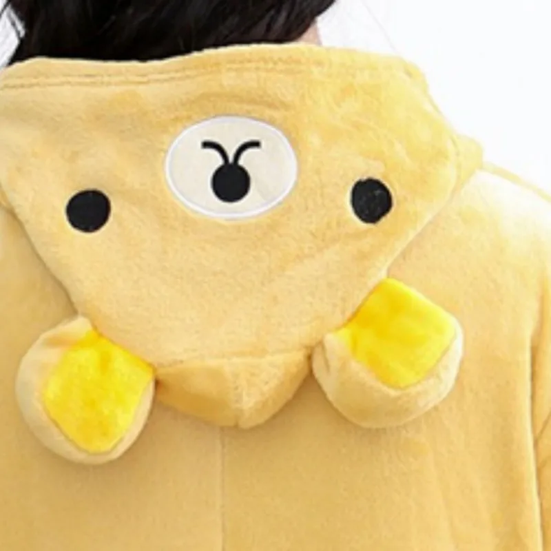 Cute Yellow Lazy Bear Hooded Flannel One-piece Hooded pajamas Button Onesie Couple Cosplay Sleepwear with Pockets