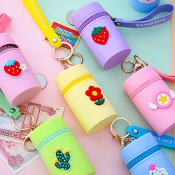 Women Cute Cartoon Bucket Coin Bag Zipper Bucket Coin Purse for Girls Silicone Sundries Barrel Storage Bag with Pendant Keychain