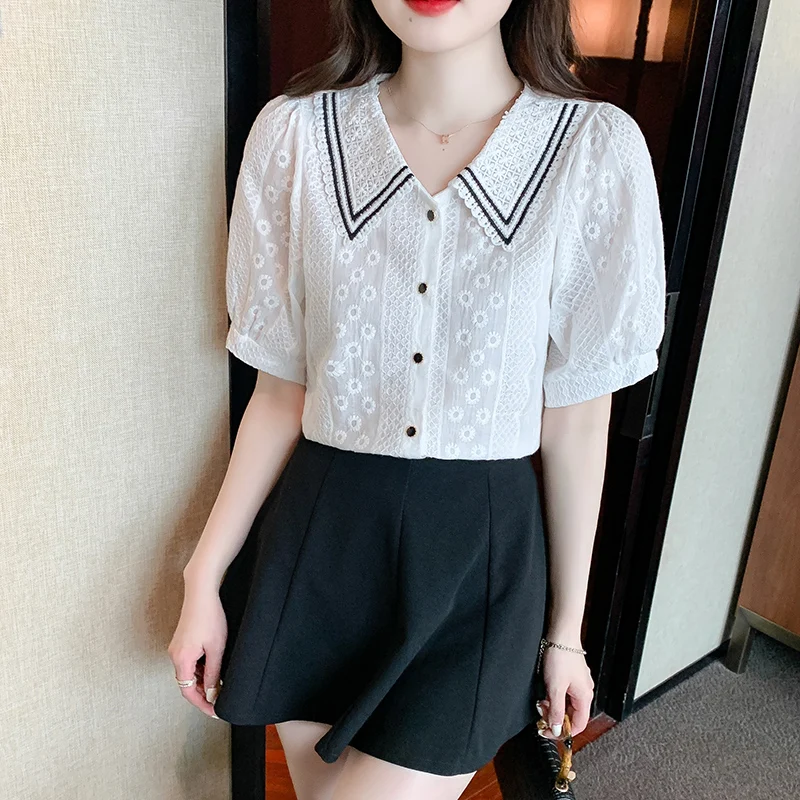 Women Korean Fashion Lace Sweet Button Up Shirt 2024 Summer Elegant Contrast Color Blouse Vintage Short Sleeve Tops Chic Blusas