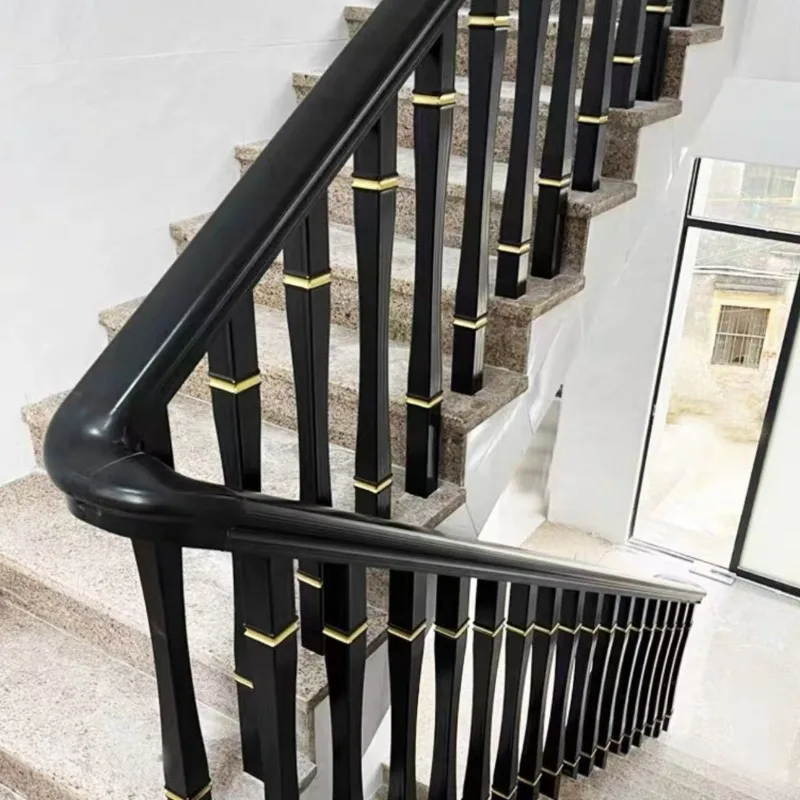 Customized Black Solid Wood Stair Railing Black Gentleman Stair Railing Simple Thai Rubber Wood Hollow Guardrail