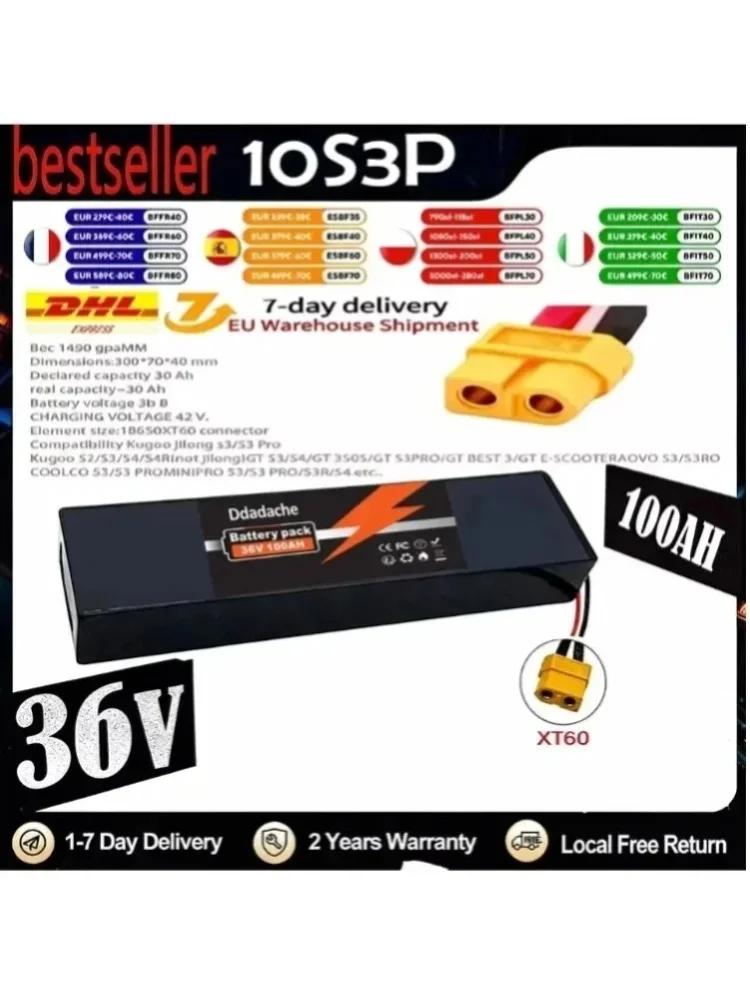36V 100000mAh 10S3P 18650 Wiederaufladbarer Li-Ionen-Akku 1000W Geeignet für Kugoo S1, S2, S3 Roller mit eingebautem BMS