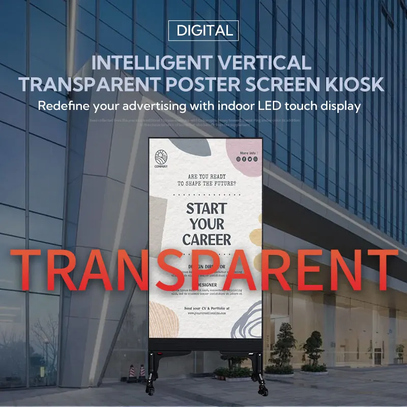 كشك شاشة LED شفاف رفيع للغاية يعمل باللمس عالي الدقة لمتاجر البيع بالتجزئة ووظيفة الرسوم المتحركة لمراكز التسوق