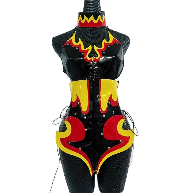 Sexy escultura chama couro bodysuit gogo trajes feminino festival rave outfits boate bar dj ds pólo dança roupas