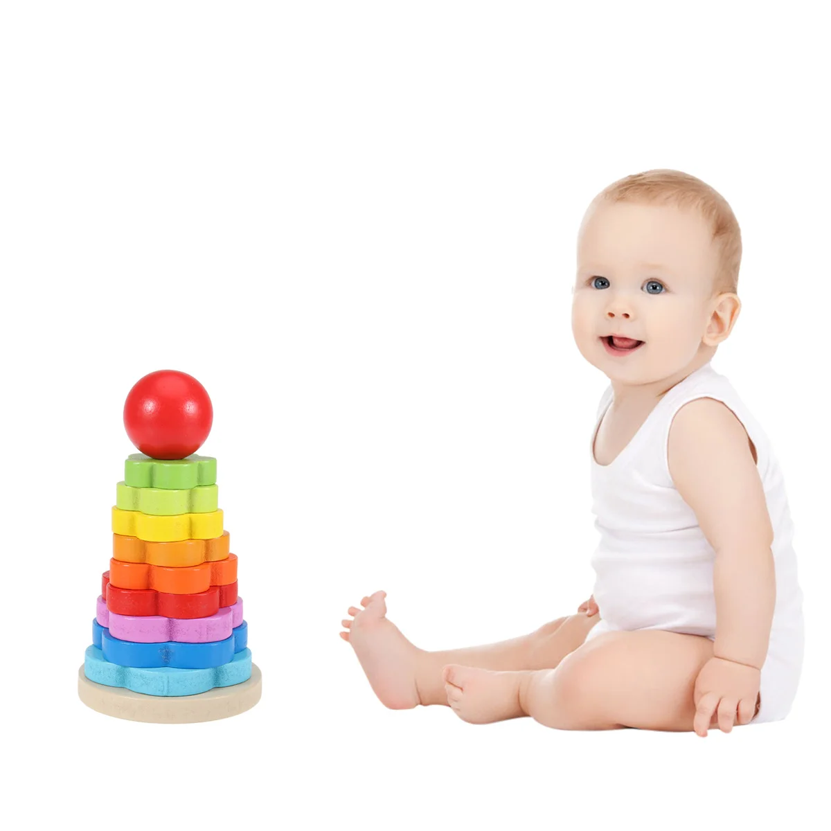 Juego de torre apilable de madera de arcoíris para niños, juego interactivo divertido, mejora la coordinación manual, juguete de madera creativo
