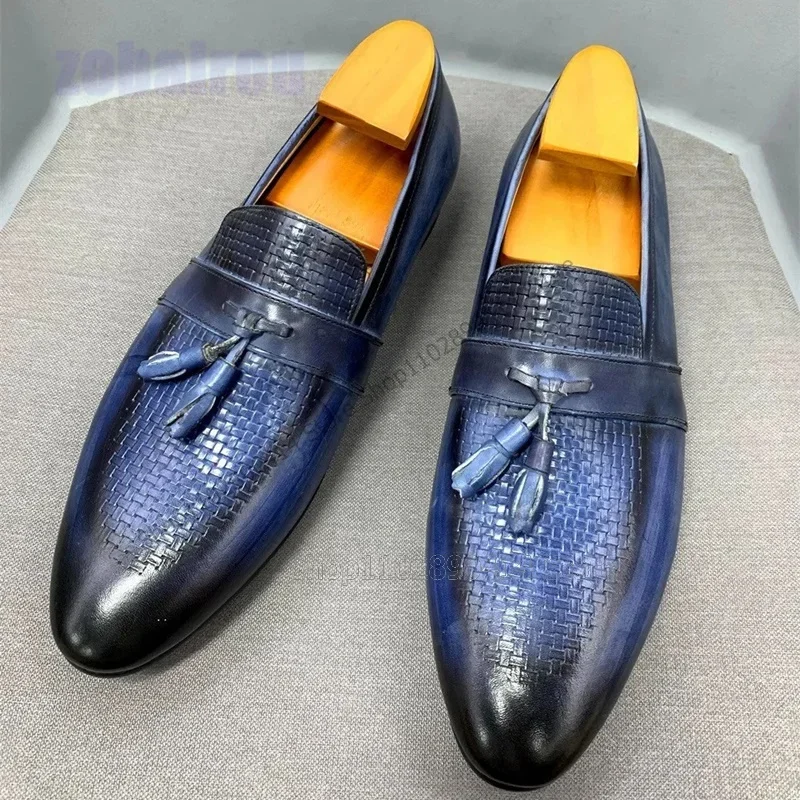 

Blue Gradient Color Tassels Knitted Design Men Shoes Fashion Slip On Male Shoes Luxurious Handmade Party Banquet Men Dress Shoes