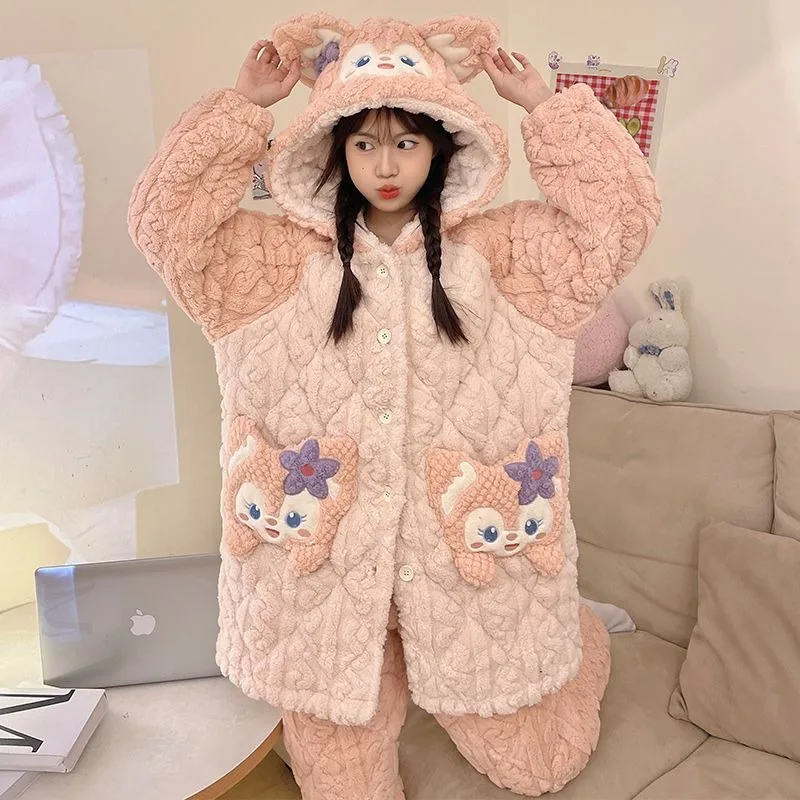 Nuovo cartone animato Kawaii Girl Heart LinaBell Series Pigiama Disney Cute Autunno e inverno Caldo addensato Casual Homewear Set all'ingrosso