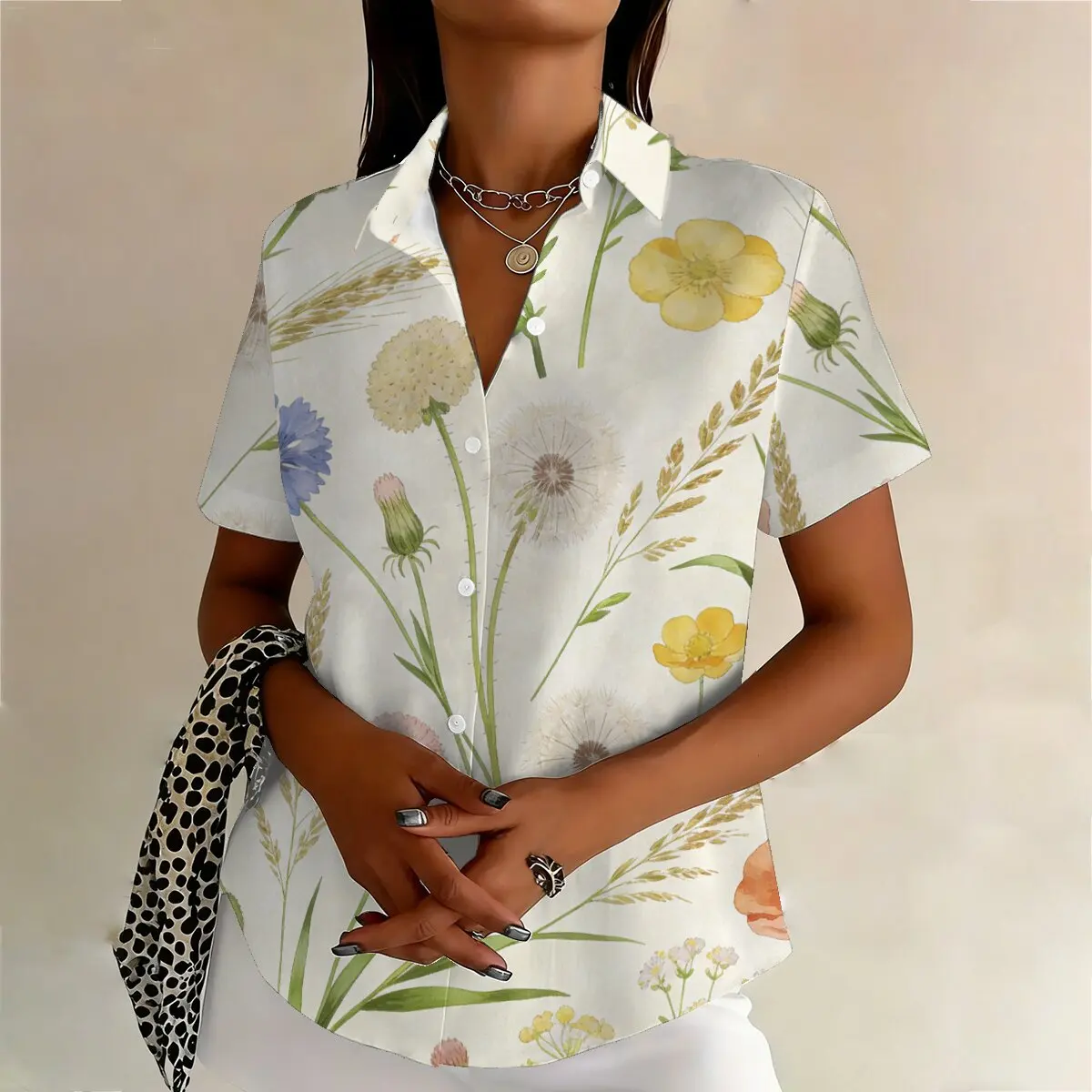 Plus-Size Women's Summer Short-Sleeve Shirt with Watercolor Botanical Print, Gentle and Healing, Ideal for Dates Outings view 2