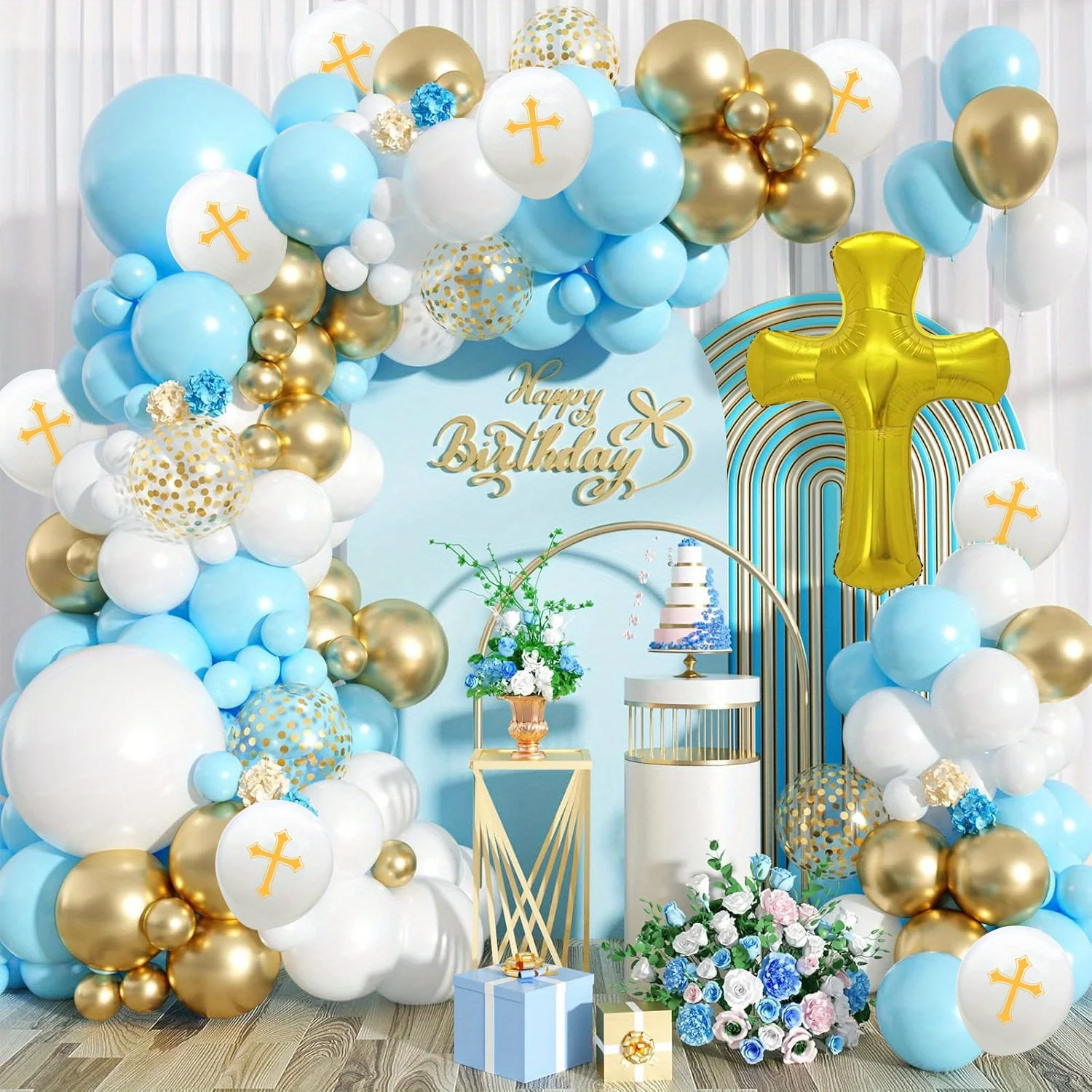 Ballonbogen-Set aus blauen und goldenen, überkreuzten Luftballons und folienüberkreuzten Luftballons, geeignet für Geburtstags- und Hochzeitsdekorationen