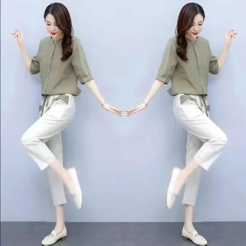 

Женский повседневный модный хлопково-льняной костюм в западном стиле, утягивающий комплект из двух предметов, одежда для мам, уменьшающий возраст, закрывающий мясо