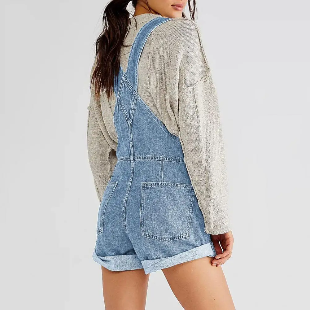 

Denim Overalls High-waist Jeans Stylish Women's Denim Romper with Adjustable Shoulder Straps Square Neckline Loose for Students