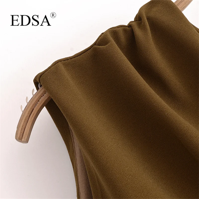 EDSA Women Elegant Mini Dress Solid O-Neck Sleeveless Pleated Decoration Female Casual Back Zipper Short Dresses Muj