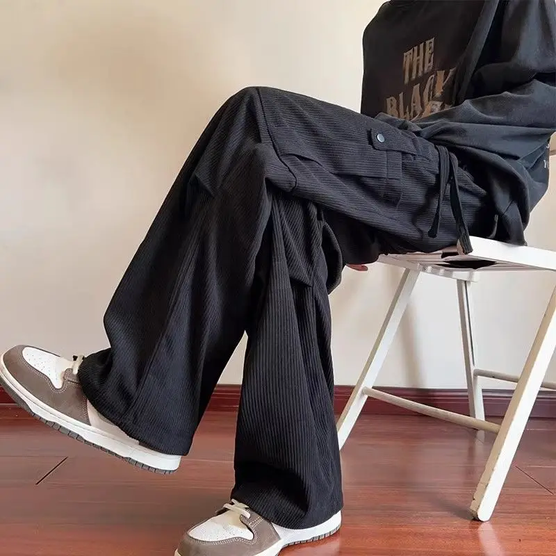

Men's Clothing Spring Autumn Trousers Cargo Wide Leg Solid Color Elastic Pockets High Waisted Preppy Style Cropped Pants