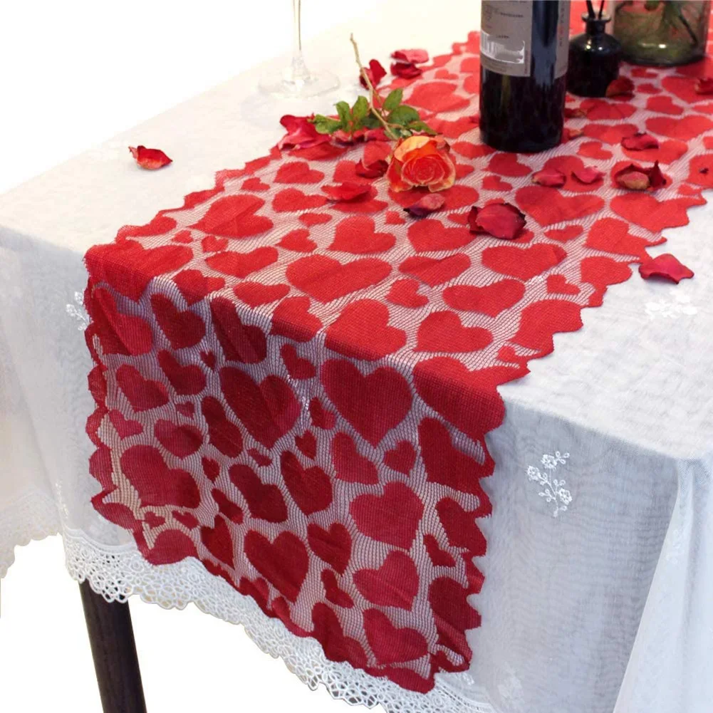 EAS-Runner Meja Merah Dekorasi Hari Valentine Renda Taplak Meja Makan Hati untuk Perlengkapan Pesta Valentine Oleh Baryuefull