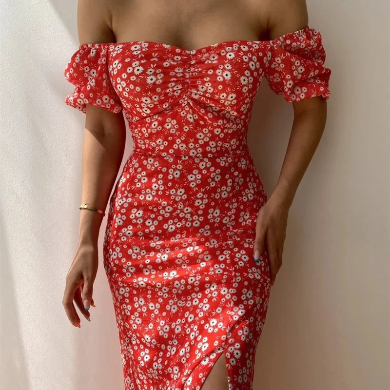 ชุดเดรสคลุมเข่าเซ็กซี่สำหรับผู้หญิง2024ใหม่ผ่ากลางเปิดสะโพกแบบเซ็กซี่สุดฮอตมีซิปกระเป๋าพิมพ์ลายฤดูร้อน