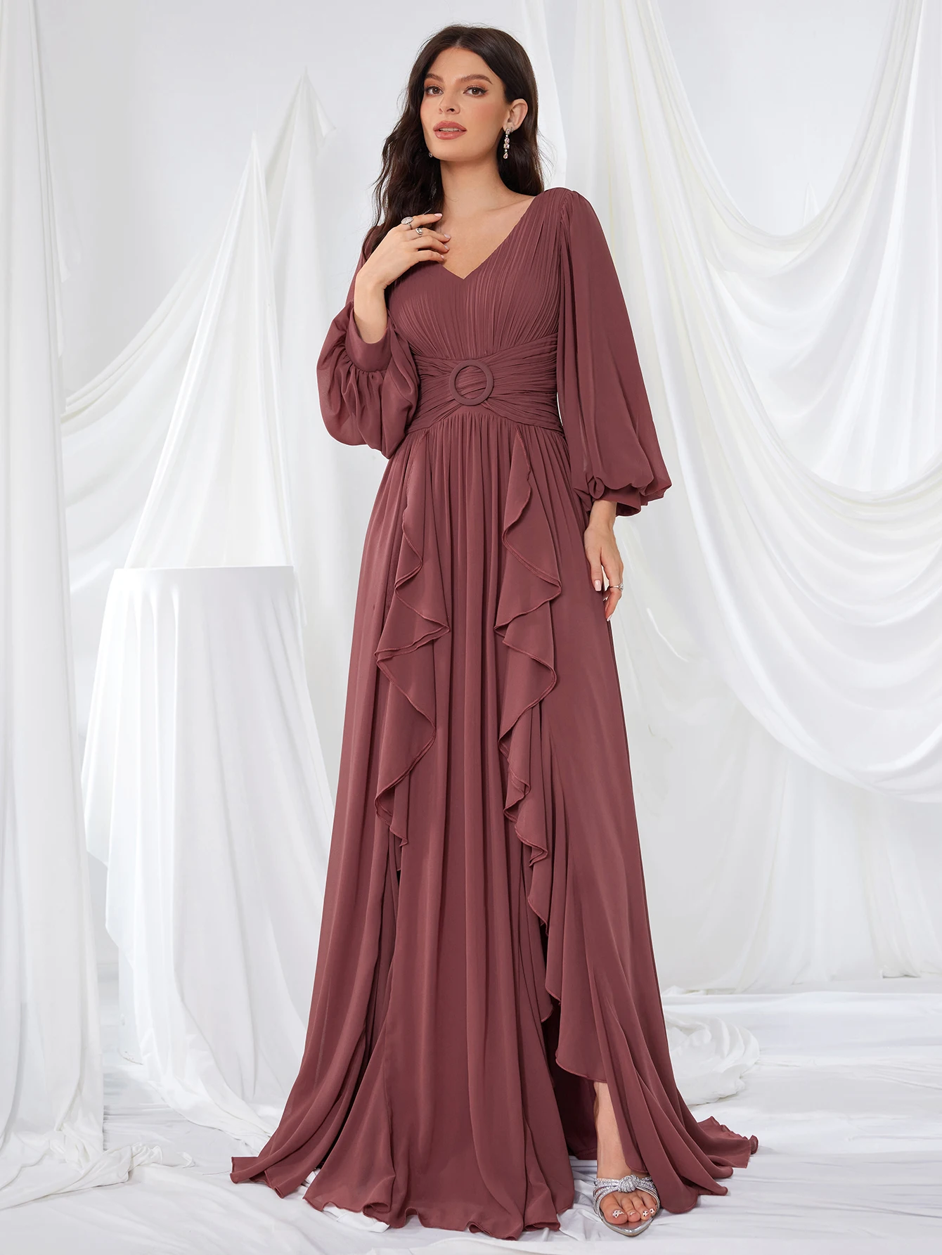 UNITHORSE 여성용 브이넥 긴팔 쉬폰 드레스 스플릿 브라이덜 메이드 맥시 가운