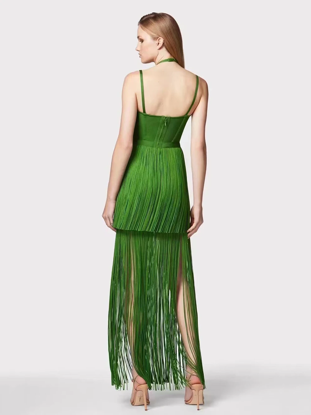 Modphy Sexy Halter Straps Tassel Maxi Long Dress Women Green Sleeveless Backless Bodycon Dress Elegant Evening Prom Party Gowns