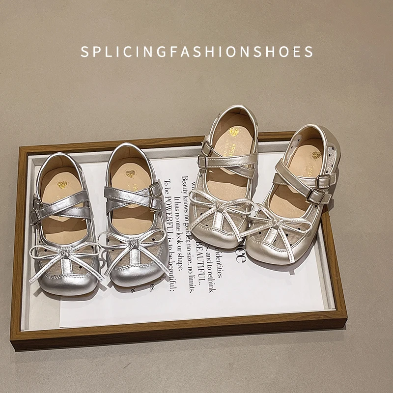 Korean Style Fashion and Simple Mesh Ventilation Design Children's Leather Shoes Mary Jane Shoes with Bow Soft Flat Shoes