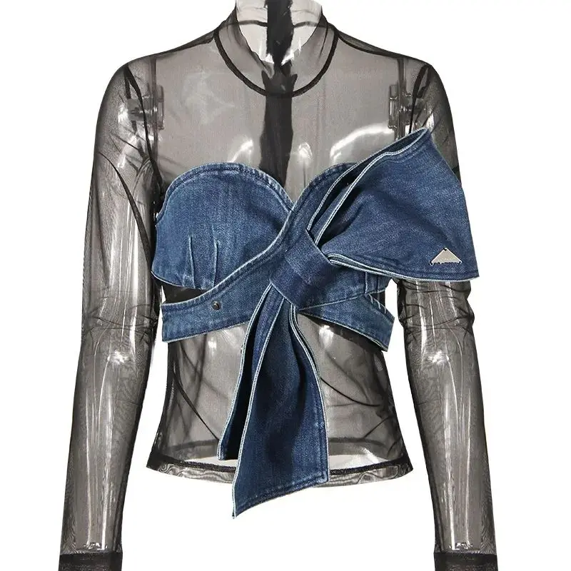 

Women's Sexy Sheer Mesh Spliced Bow Top Slim Fit Lace Detachable Fake Two-Piece Shirt Trendy Feminine Fashion