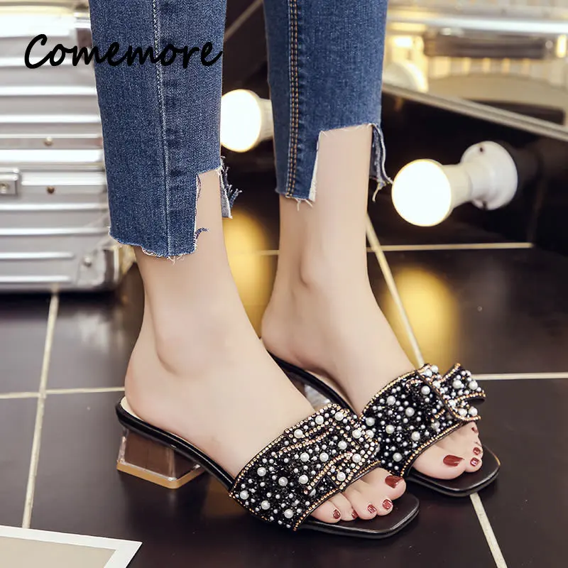 Comemore 2023 Rhinestone Sequins Designer Slides Luxury Non-Slip Square Heel Women Slippers Fashion New Butterfly-knot Sandals