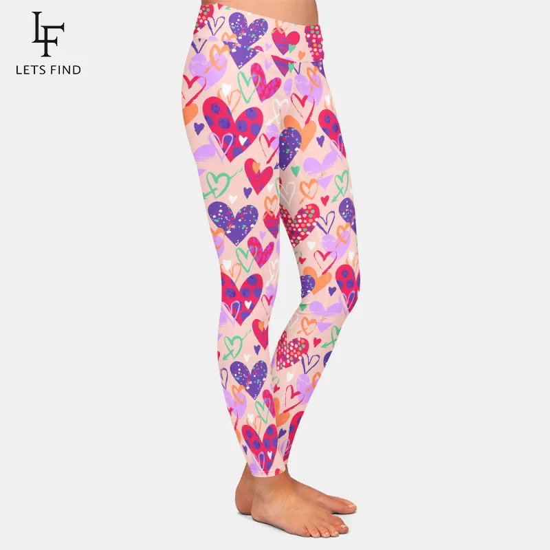 LETSFIND Fashion Valentine Day Hand Drawn Hearts Print Women Pants High Waist  Soft Fitness Elastic Full Leggings