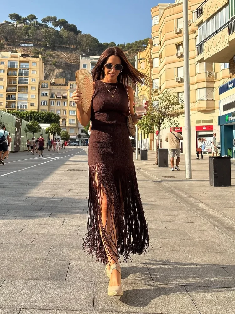Elegant Sleeveless Fringe Hem Dress Women Sexy Off Shoulder High Waist Bodycon Midi Dresses 2026 Lady Holiday Party Vestidos New