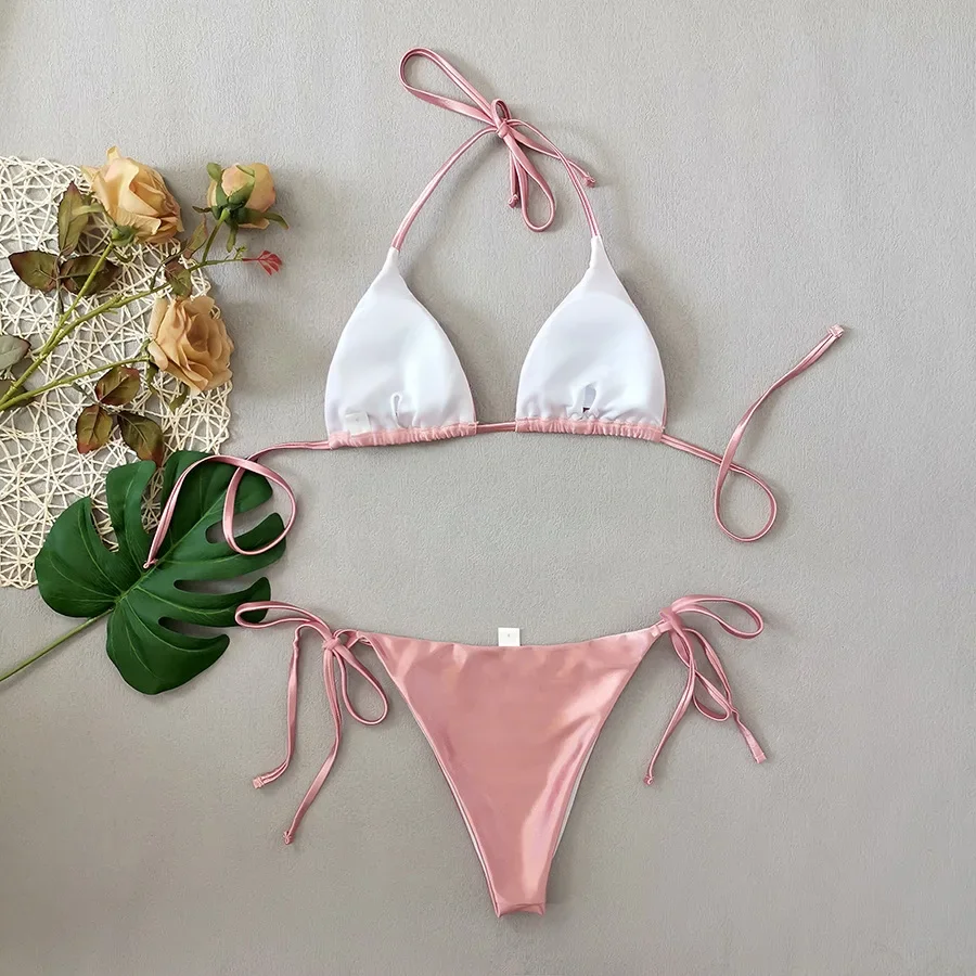 Sexy cetim rosa glitter halter tie string biquinis define duas peças tanga bandagem maiô banho biquini tankini