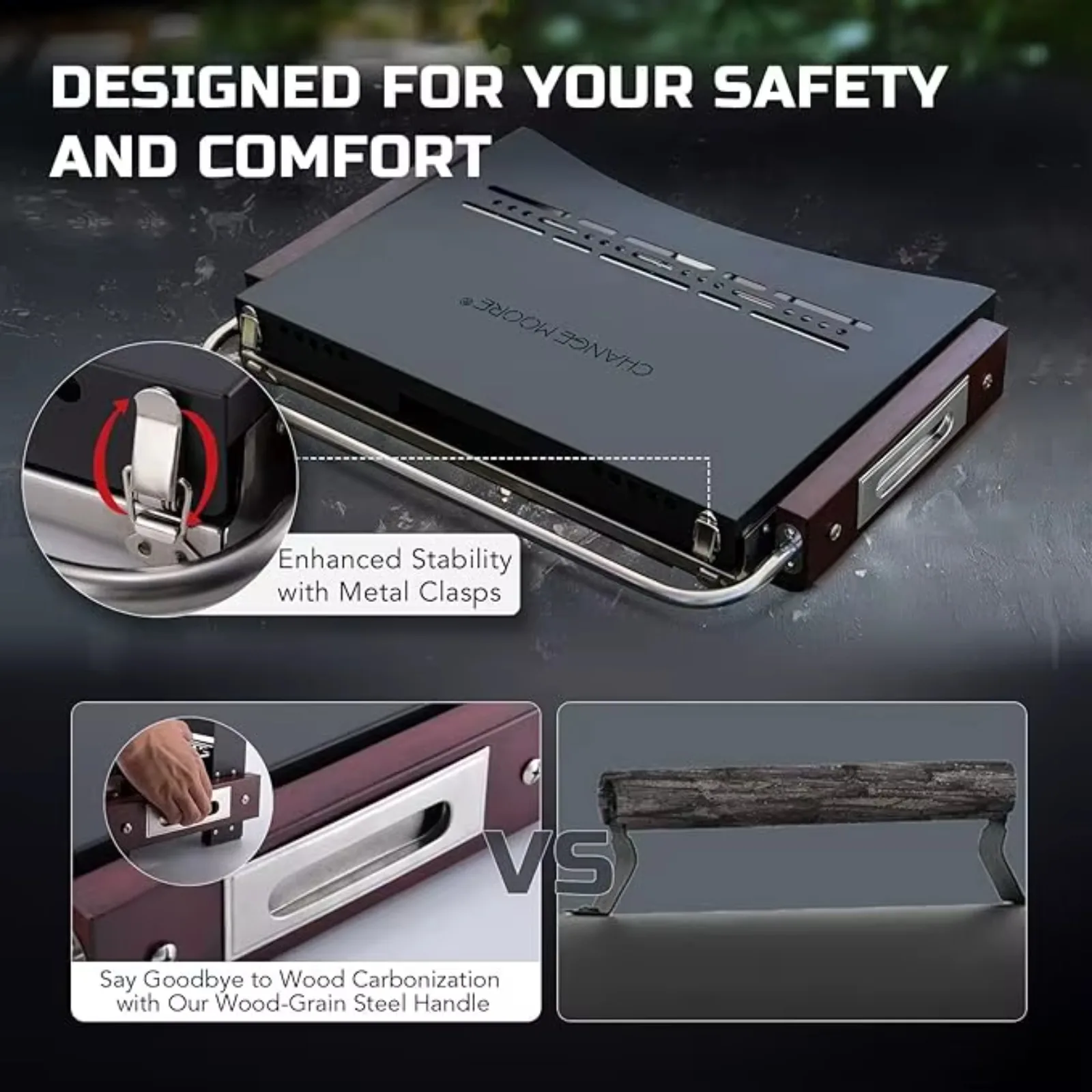 

Мангал-гриль CHANGE MOORE с двумя уровнями высоты, складной настольный гриль со стальной ручкой под дерево для безопасного приготовления на открытом воздухе