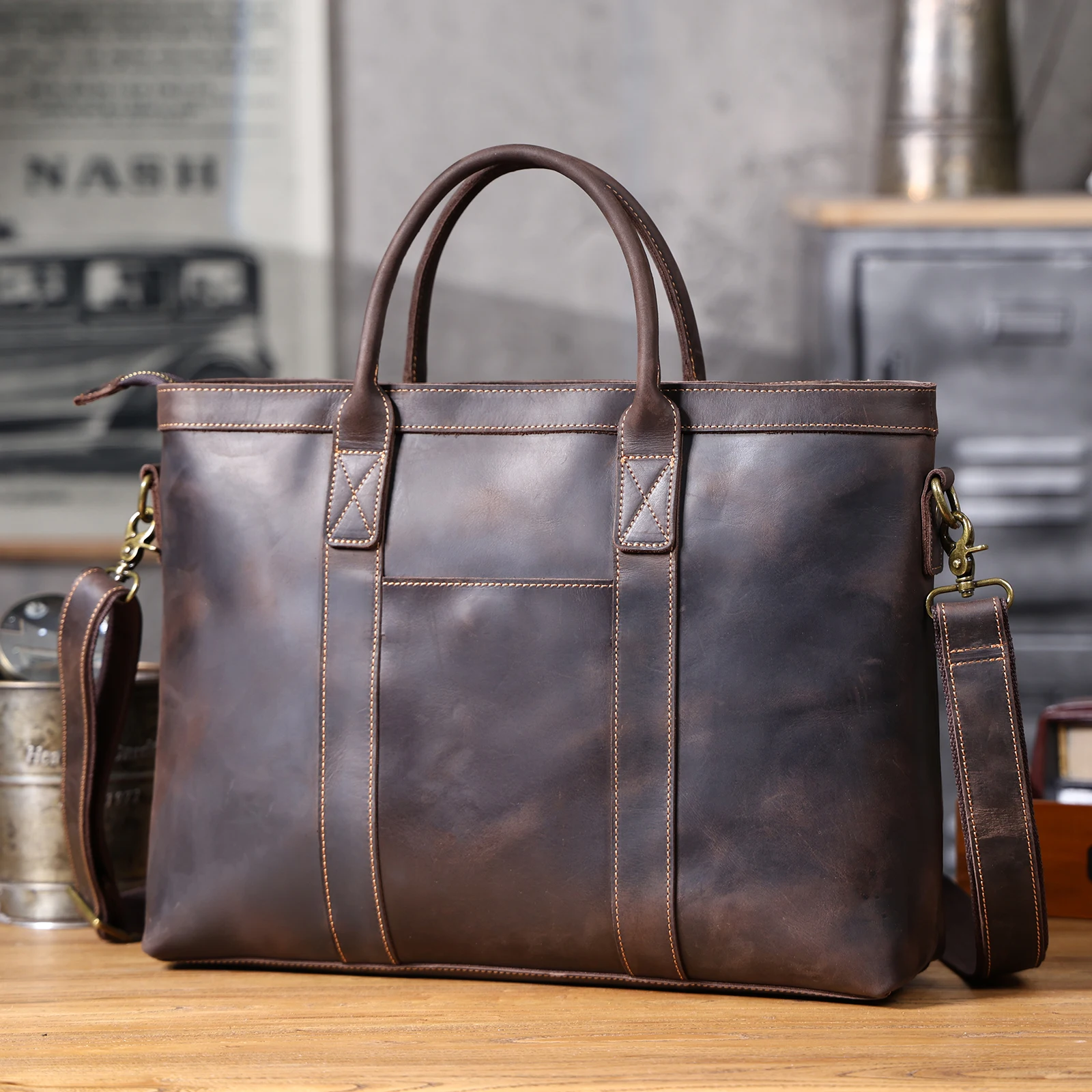 Vintage Echtleder Herren-Aktentasche 16 Zoll Laptop-Taschen Crazy Horse Leder Messenger-Handtasche Rindsleder Geschenkidee für Männer – Detail 23