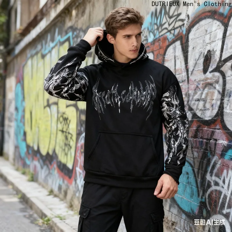 Tamanho extra grande, solto e confortável moletom de manga comprida【Envio rápido】Sudadera com capuz masculino outono/inverno com personalidade Dark God