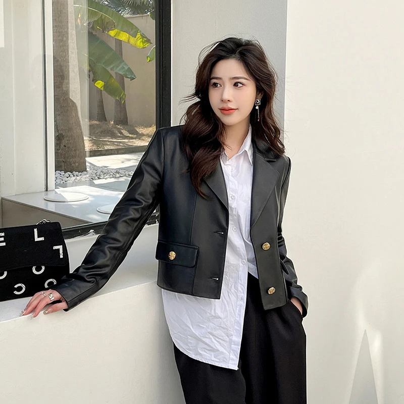 2024 New Lambskin Blazer Jacket Fashion Short Single-breasted Women Black Full Sleeve Genuine Leather Slim Fit Jacket Coats